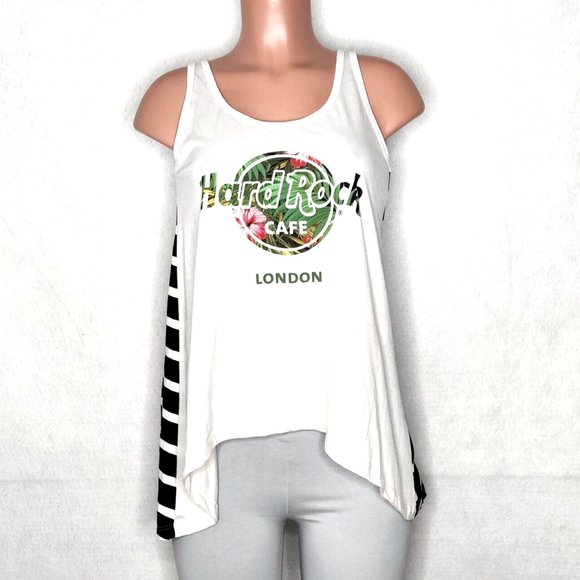 Hard Rock Cafe London High Low Sleeveless Tunic Tee Top Tropical Striped - Picture 1 of 3
